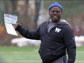 Defensive coordinator Richie Hall in action during Winnipeg Blue Bombers practice on the University of Manitoba campus on Wed., Oct. 16, 2019.