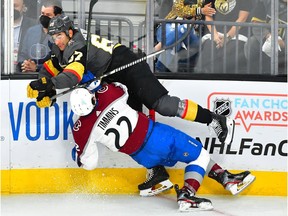 Vegas Golden Knights left wing Max Pacioretty checks Colorado Avalanche defenceman Conor Timmins during the second period of Game 4 at T-Mobile Arena in Las Vegas on June 6, 2021.