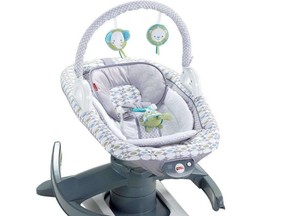 A Fisher-Price 4-in-1 Rock ‘n Glide Soother is pictured in glider mode.