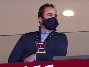 Montreal Canadiens owner Geoff Molson watches during game against the Vancouver Canucks in Montreal on Feb. 2, 2021.