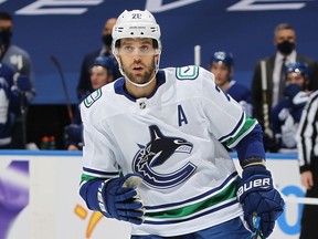 Brandon Sutter of the Vancouver Canucks pictured during a February 2021 NHL game in Toronto.