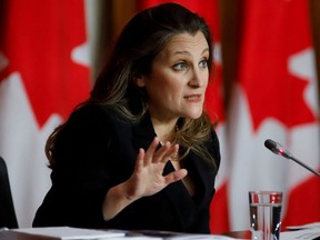 Finance Minister and Deputy Prime Minister Chrystia Freeland speaks during a news conference on Parliament Hill in Ottawa, April 19, 2021.