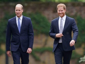 Prince William, The Duke of Cambridge, and Prince Harry, Duke of Sussex, attend the unveiling of a statue they commissioned of their mother Diana, Princess of Wales, in the Sunken Garden at Kensington Palace, London, July 1, 2021.