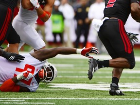 Bobby Roundtree, left, of the Illinois Fighting Illini reaches for Raheem Blackshear of the Rutgers Scarlet Knights during the first quarter at HighPoint.com Stadium on Oct. 6, 2018 in Piscataway, N.J.