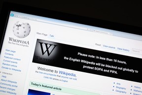 The online encyclopedia Wikipedia is viewed on January 17, 2012 in Washington, DC.