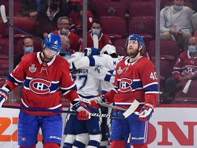 Montreal players react after a Tampa Bay Lightning goal during Game 3 of the Stanley Cup final. The Canadiens find themselves in a 3-0 hole with Game 4 going Monday night.