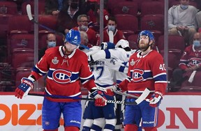 Montreal players react after a Tampa Bay Lightning goal during Game 3 of the Stanley Cup final. The Canadiens find themselves in a 3-0 hole with Game 4 going Monday night.