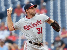 The Dodgers acquired pitcher Max Scherzer (pictured) and shortstop Trea Turner from the Nationals on Friday, July 30, 2021.