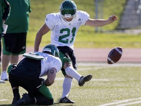 Tyler Crapigna, kicker, during Rider training camp in Saskatoon, on Monday, June 13, 2016. Crapigna was acquired by the Bombers on Tuesday.