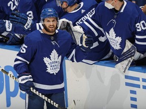Alex Kerfoot of the Toronto Maple Leafs celebrates after scoring a goal against the Ottawa Senators at Scotiabank Arena on Feb. 17, 2021.