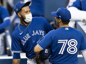 Simeon Woods Richardson of the Toronto Blue Jays wears a mask during an intrasquad game at Rogers Centre on July 9, 2020 in Toronto.
