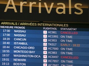 Arrivals board at Toronto Pearson International Airport