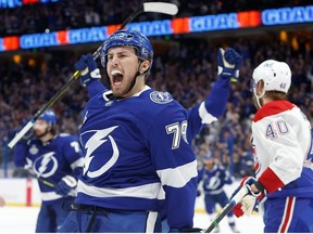 Tampa Bay Lightning left wing Ross Colton (79) reacts after scoring a goal against Montreal Canadiens goaltender Carey Price (not pictured) during the second period in game five of the 2021 Stanley Cup Final at Amalie Arena.