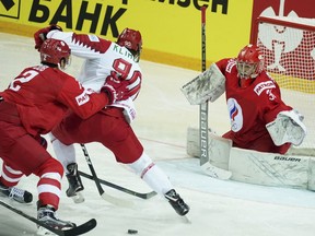 CP-Web. Danila Klimovich of Belarus shoots on goal during the Ice Hockey World Championship group A match between Russia and Belarus in Riga, Latvia, June 1, 2021. The 6-foot, 202-pound, right winger was the Canucks' first selection in the draft on Saturday at No. 41.
