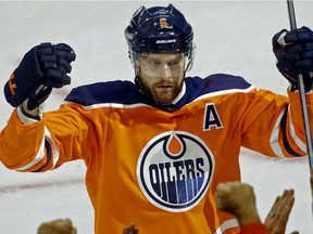 Edmonton Oilers defenceman Adam Larsson celebrates his goal against the Washington Capitals during NHL action in Edmonton on Oct. 28, 2017.