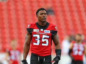 Calgary Stampeders Ka'Deem Carey during warm-up before facing the Hamilton Tiger-Cats in CFL football in Calgary on Saturday, September 14, 2019. Al Charest/Postmedia