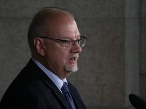 Education Minister Kelvin Goertzen addresses the media on the first day of school on Tuesday, Sept. 8, 2020, from the rotunda at the Manitoba Legislature in Winnipeg.