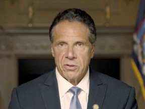 New York Governor Andrew Cuomo makes a statement in this screen grab taken from a pre-recorded video released by Office of the N.Y. Governor, in New York City, Tuesday, Aug. 3, 2021.