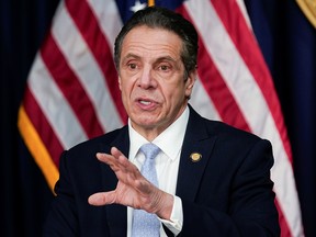 New York Governor Andrew Cuomo speaks during an event about the return of spectators to performing arts and sporting events at his offices in New York, March 18, 2021.