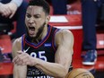Ben Simmons of the Philadelphia 76ers celebrates a dunk during the first quarter against the Washington Wizards during Game 2 of the Eastern Conference first round series at Wells Fargo Center on May 26, 2021 in Philadelphia.