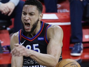 Ben Simmons of the Philadelphia 76ers celebrates a dunk during the first quarter against the Washington Wizards during Game 2 of the Eastern Conference first round series at Wells Fargo Center on May 26, 2021 in Philadelphia.