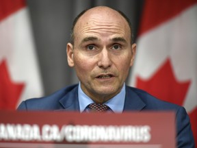 President of the Treasury Board Jean-Yves Duclos speaks during a news conference on the COVID-19 pandemic on Parliament Hill in Ottawa, on Monday, June 22, 2020.