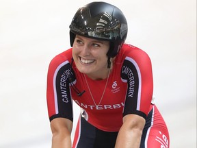 Olivia Podmore from Canterbury celebrates winning in the second race to win the Elite Women's Sprint Final during Day 2 of the New Zealand National Track Cycling Championships at the Avantidrome on Jan. 24, 2020 in Cambridge, New Zealand.