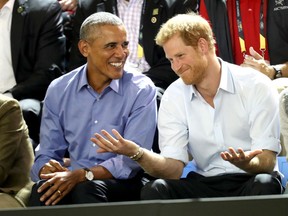 Former U.S. President Barack Obama and Prince Harry on day 7 of the Invictus Games 2017 on September 29, 2017 in Toronto, Canada.