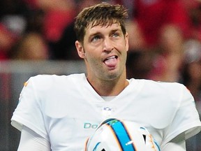 Jay Cutler of the Miami Dolphins reacts after completing a pass against the Atlanta Falcons at Mercedes-Benz Stadium on Oct. 15, 2017 in Atlanta, Ga.