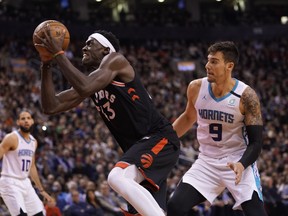 Pascal Siakam (43) drives during Toronto's last home game in Toronto, on Feb. 28, 2020 against the Charlotte Hornets.