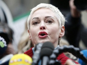 Actress Rose McGowan speaks to the media in New York City, Jan. 6, 2020.