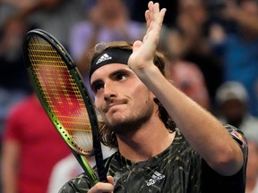 Stefanos Tsitsipas of Greece after beating Andy Murray of Great Britain on day one of the 2021 U.S. Open tennis tournament at USTA Billie King National Tennis Center in Flushing, N.Y., Aug. 30, 2021.