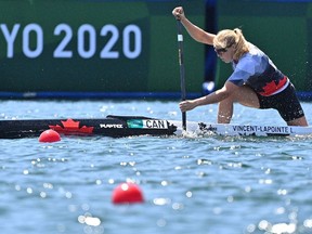 Canada's Laurence Vincent-Lapointe competes in a heat for the women's canoe single 200m event during the Tokyo 2020 Olympic Games at Sea Forest Waterway in Tokyo on August 4, 2021. (Photo by Philip FONG / AFP)
