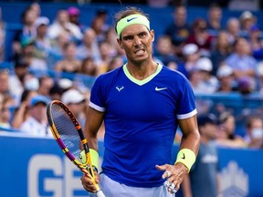 Aug 4, 2021; Washington, DC, USA; Rafael Nadal of Spain reacts during the Citi Open at Rock Creek Park Tennis Center.