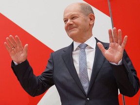 Olaf Scholz, chancellor candidate of the German Social Democrats (SPD), speaks to the media at the Federal Chancellery following the SPD's narrow win in yesterday's federal elections on September 27, 2021 in Berlin, Germany.