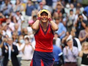 Emma Raducanu of Great Britain celebrates winning match point to defeat Leylah Annie Fernandez of Canada during the second set of their Women's Singles final match on Day Thirteen of the 2021 US Open at the USTA Billie Jean King National Tennis Center on September 11, 2021 in the Flushing neighborhood of the Queens borough of New York City.
