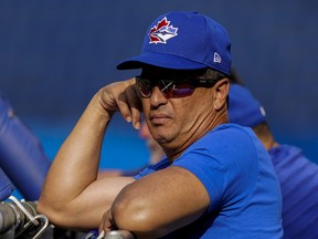 Blue Jays manager Charlie Montoyo watches batting practice before a game at the Rogers Centre.