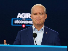 Conservative Party of Canada Leader Erin O'Toole speaks during a news conference on August 31, 2021 in Ottawa.