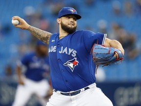 Blue Jays' Alek Manoah pitches during the first inning against the Tampa Bay Rays at Rogers Centre on Monday, Sept. 13, 2021 in Toronto.