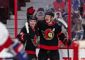 Drake Batherson (left) and Brady Tkachuk celebrate a goal last season. It has been 552 days since the Ottawa Senators last sold a ticket for a single game but Wednesdays at 10 a.m, seats for home games in the first half of the regular season will go on sale.