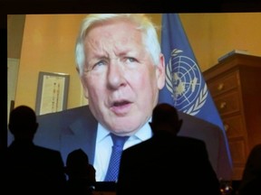 UN Ambassador Bob Rae speaks virtually with moderator Ali Velshi (not shown) on the topic of ‘Governing a world of disruptions’ during the Global Business Forum at the Banff Springs Hotel in Banff, Alta., Thursday, Sept. 23, 2021.