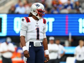 Quarterback Cam Newton looks on as the Patriots play against the Giants at MetLife Stadium in East Rutherford, N.J., Aug. 29, 2021.