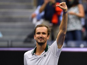 Russia's Daniil Medvedev celebrates after winning his 2021 U.S. Open Tennis tournament men's singles fourth round match against Britain's Daniel Evans at the USTA Billie Jean King National Tennis Center in New York, on Sept. 5, 2021.