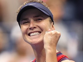 Elina Svitolina of Ukraine celebrates after defeating Simona Halep of Romania during her Women’s Singles round of 16 match on Day 7 at USTA Billie Jean King National Tennis Center on Sept. 5, 2021 in New York City.