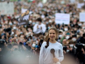 Swedish environmental activist Greta Thunberg speaks during the Global Climate Strike of the movement Fridays for Future in Berlin, Germany, Sept. 24, 2021.