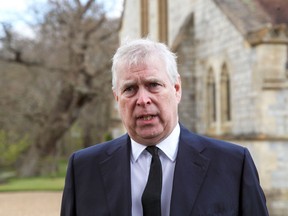 Prince Andrew, Duke of York, attends the Sunday Service at the Royal Chapel of All Saints, Windsor, following the announcement on Friday April 9th of the death of Prince Philip, Duke of Edinburgh, at the age of 99, on April 11, 2021 in Windsor, England.