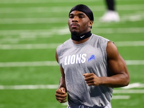 Jeff Okudah of the Detroit Lions warms up prior to their game against the Washington Football Team at Ford Field on Nov. 15, 2020 in Detroit, Mich.