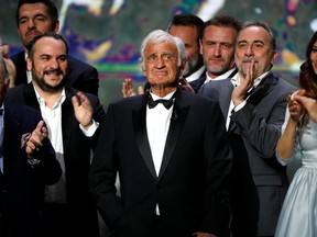 Jean-Paul Belmondo reacts as he receives an Honorary Cesar Award at the 42nd Cesar Awards ceremony in Paris, Feb. 24, 2017.