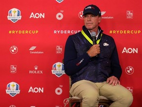 USA captain Steve Stricker speaks to the media on Monday prior to the start of the Ryder Cup this week at Whistling Straits in Kohler, Wisc.