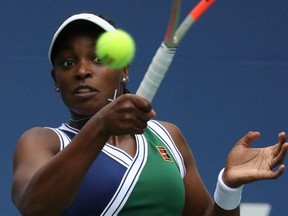 USA's Sloane Stephens hits a return to Germany's Angelique Kerber during their 2021 US Open Tennis tournament women's singles third round match at the USTA Billie Jean King National Tennis Center in New York, on September 3, 2021.